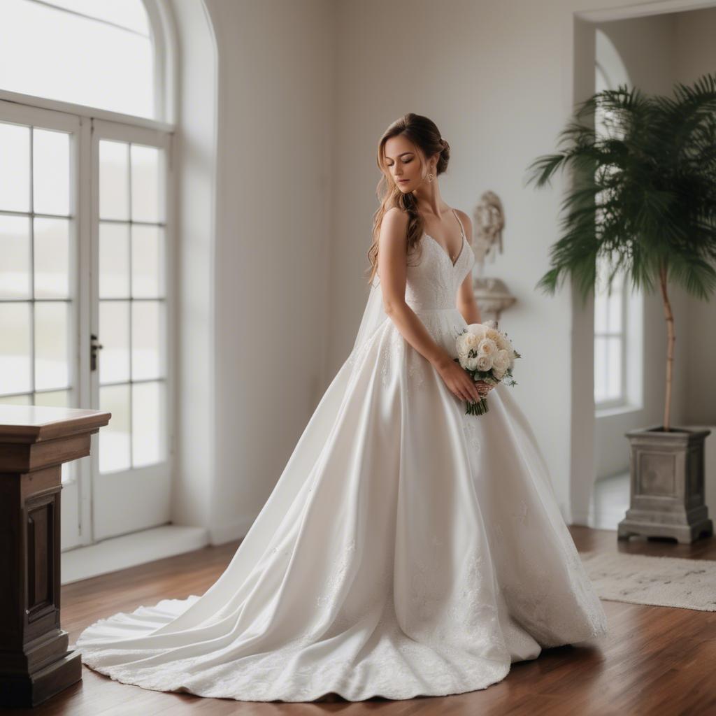 A stunning image of elegant bride in a classic white wedding gown.
