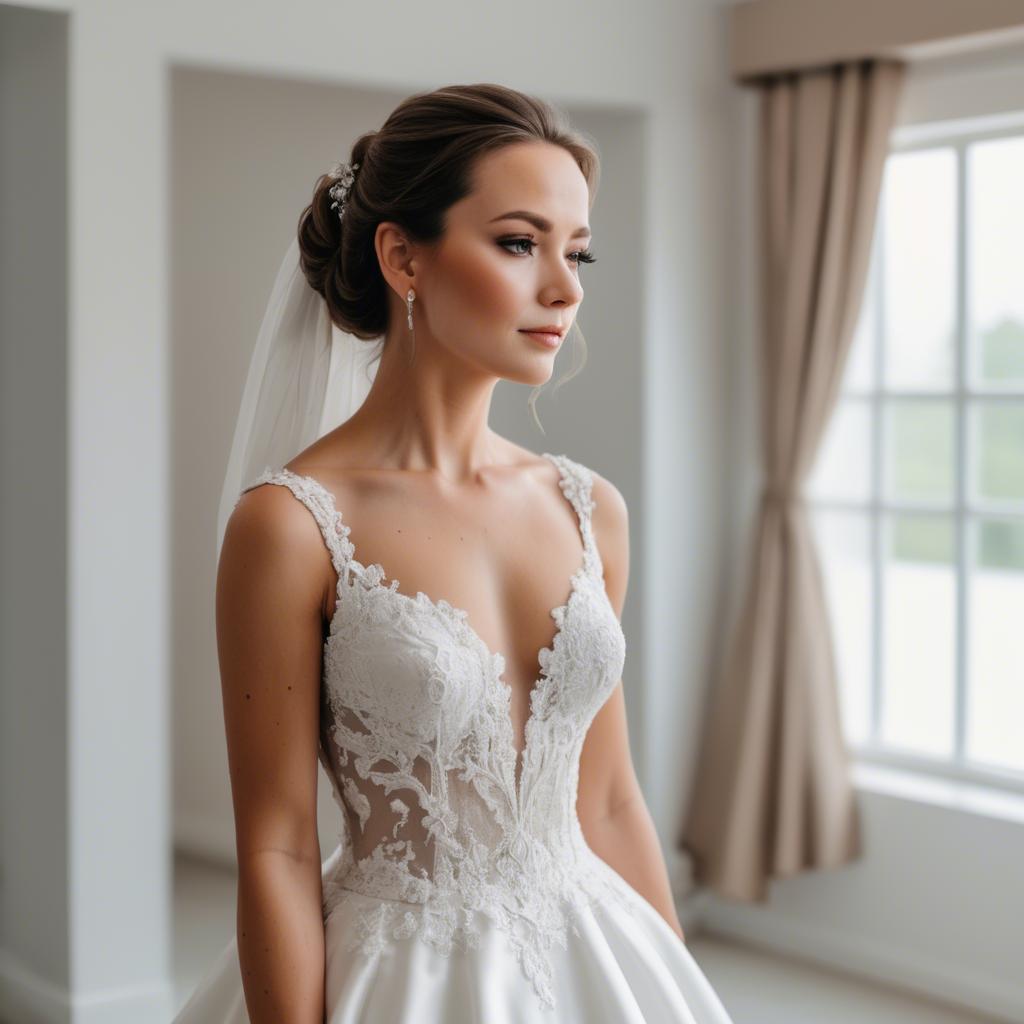 A stunning image of elegant bride in a classic white wedding gown.