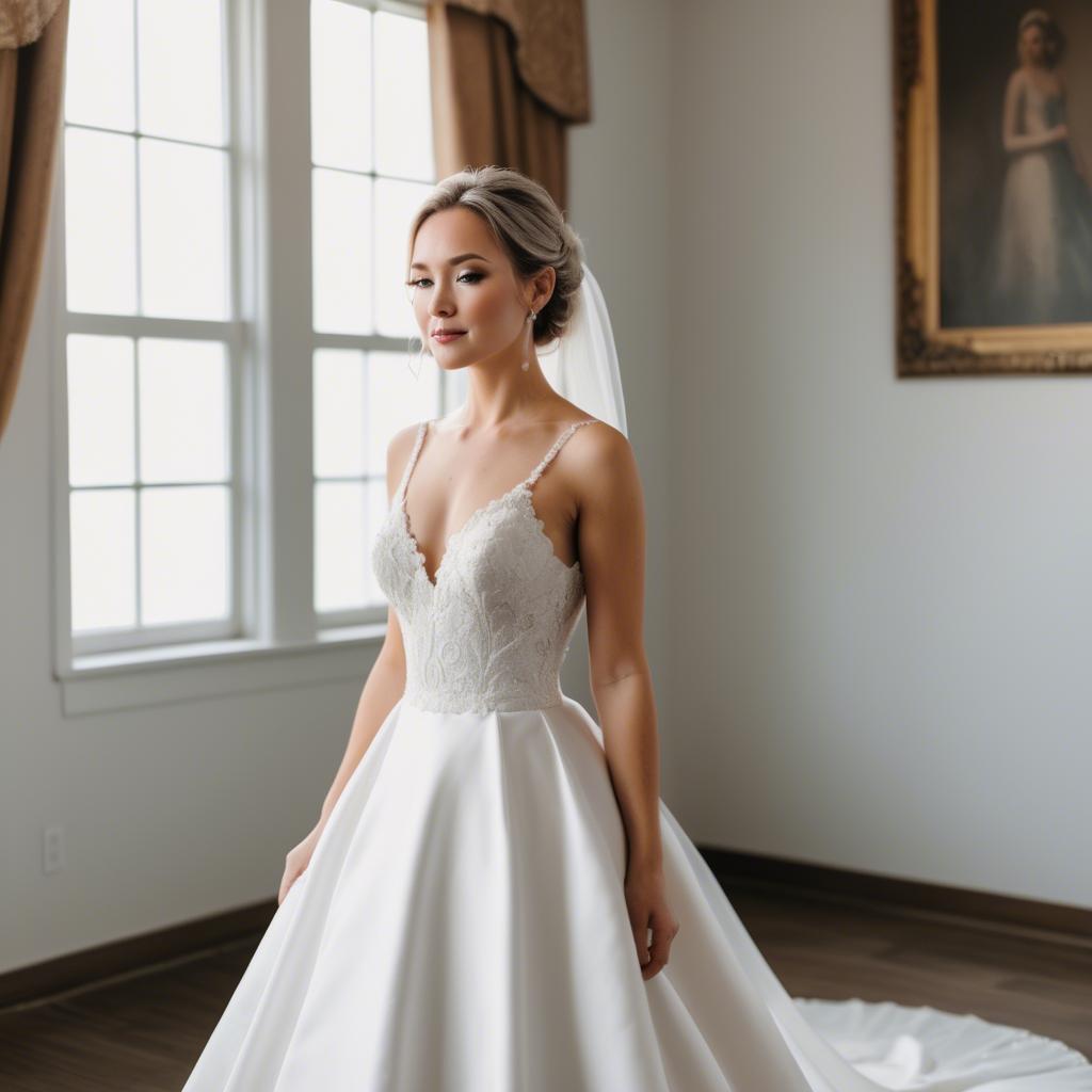 A stunning image of elegant bride in a classic white wedding gown.