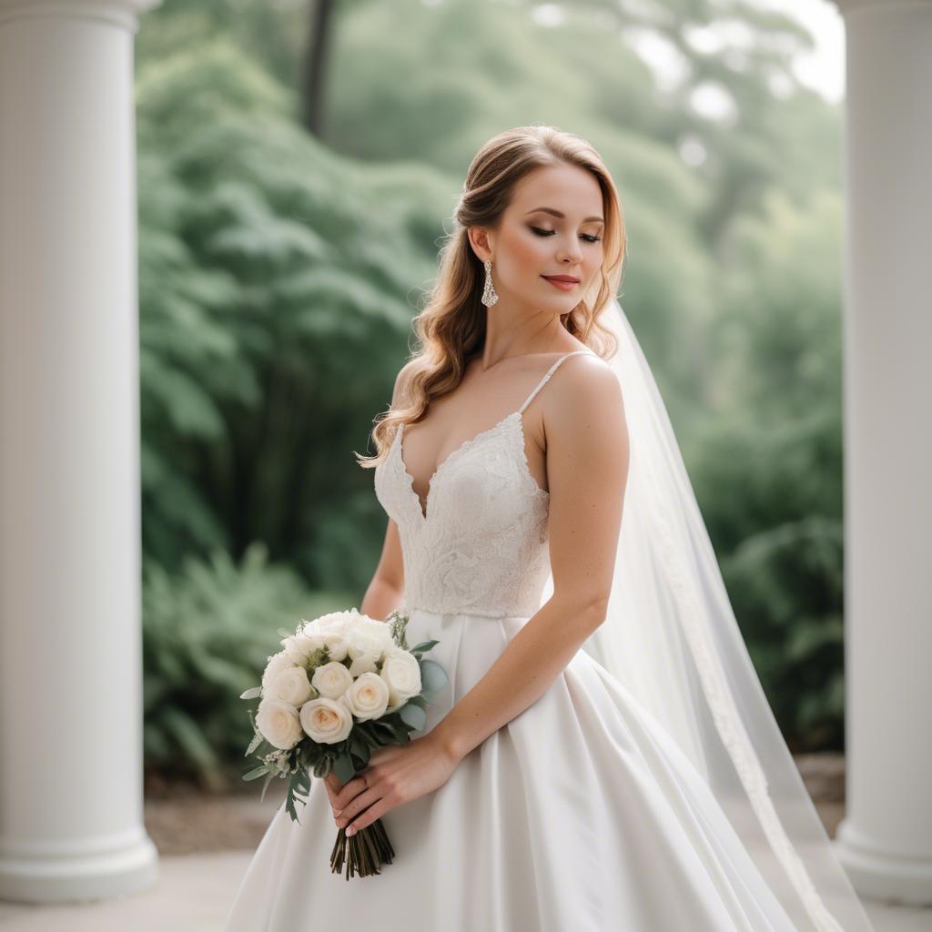 A stunning image of elegant bride in a classic white wedding gown.