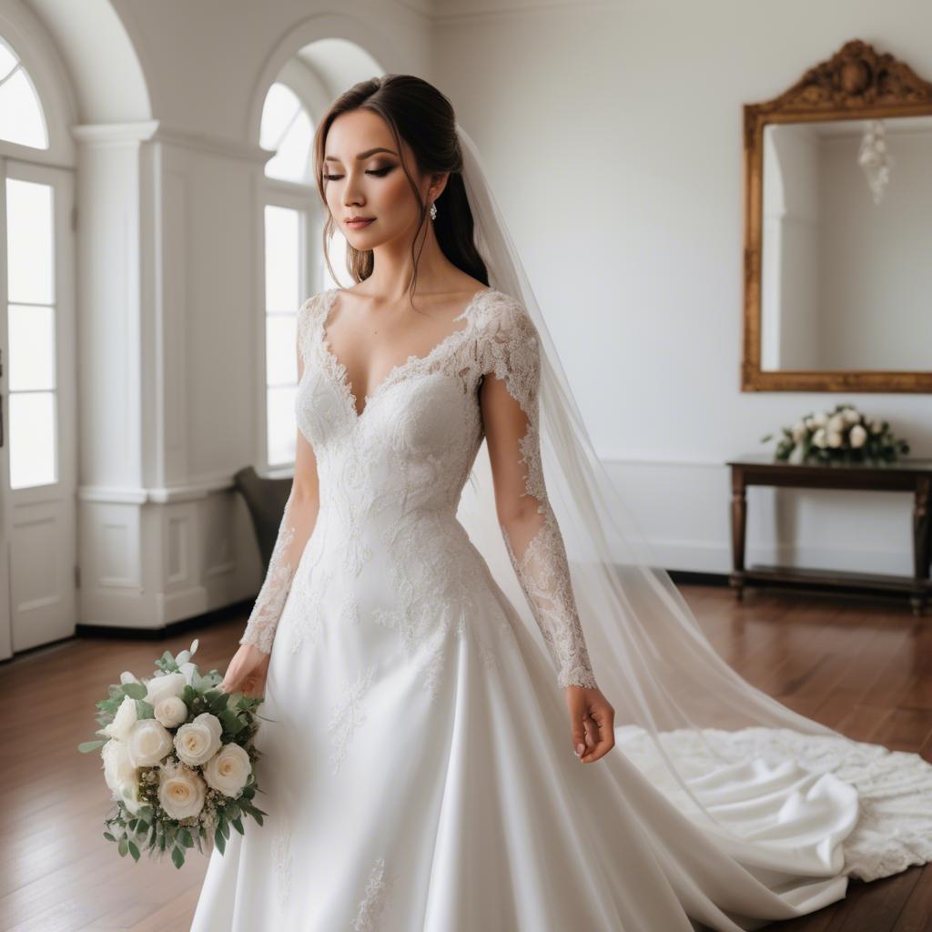 A stunning image of elegant bride in a classic white wedding gown.