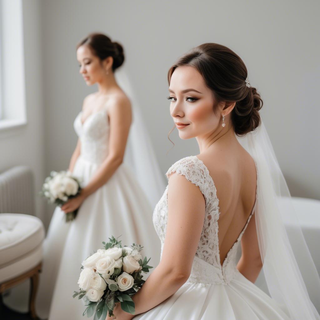 A stunning image of elegant bride in a classic white wedding gown.
