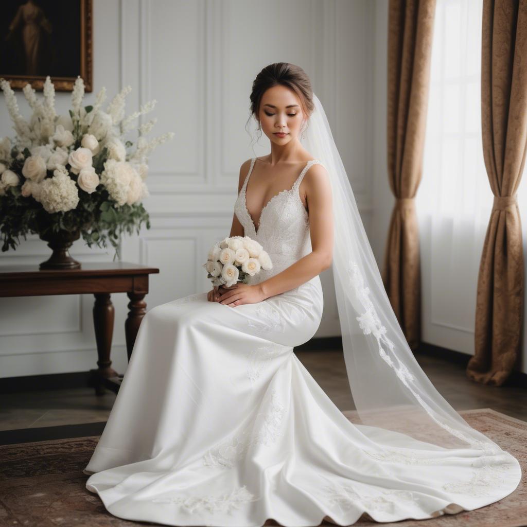 A stunning image of elegant bride in a classic white wedding gown.