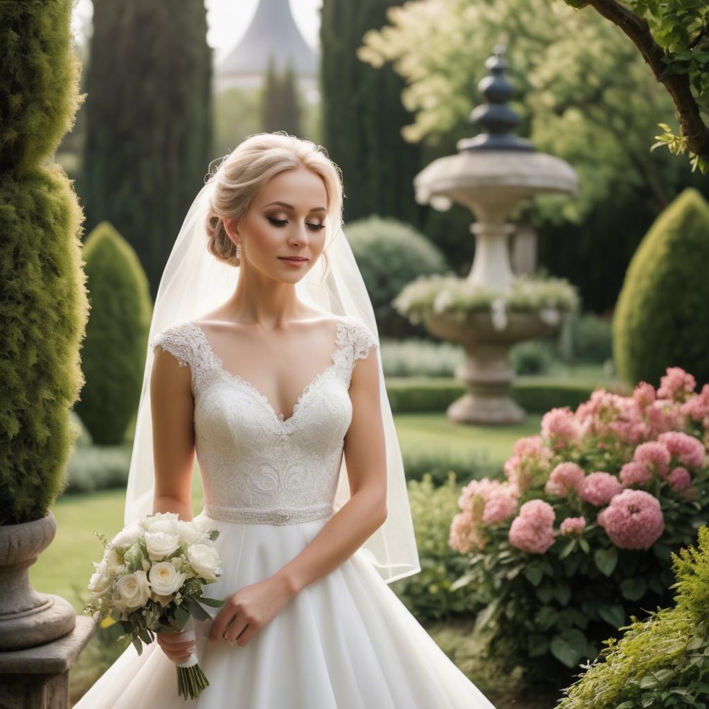 A stunning image of elegant bride in a picturesque garden.