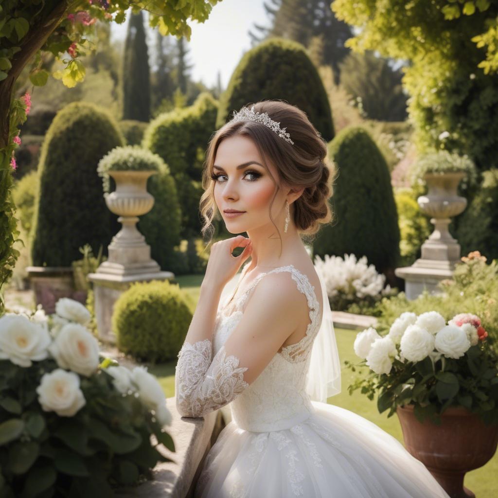 A stunning image of elegant bride in a picturesque garden.