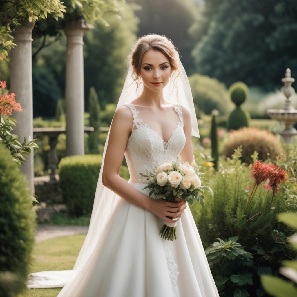 A stunning image of elegant bride in a picturesque garden.