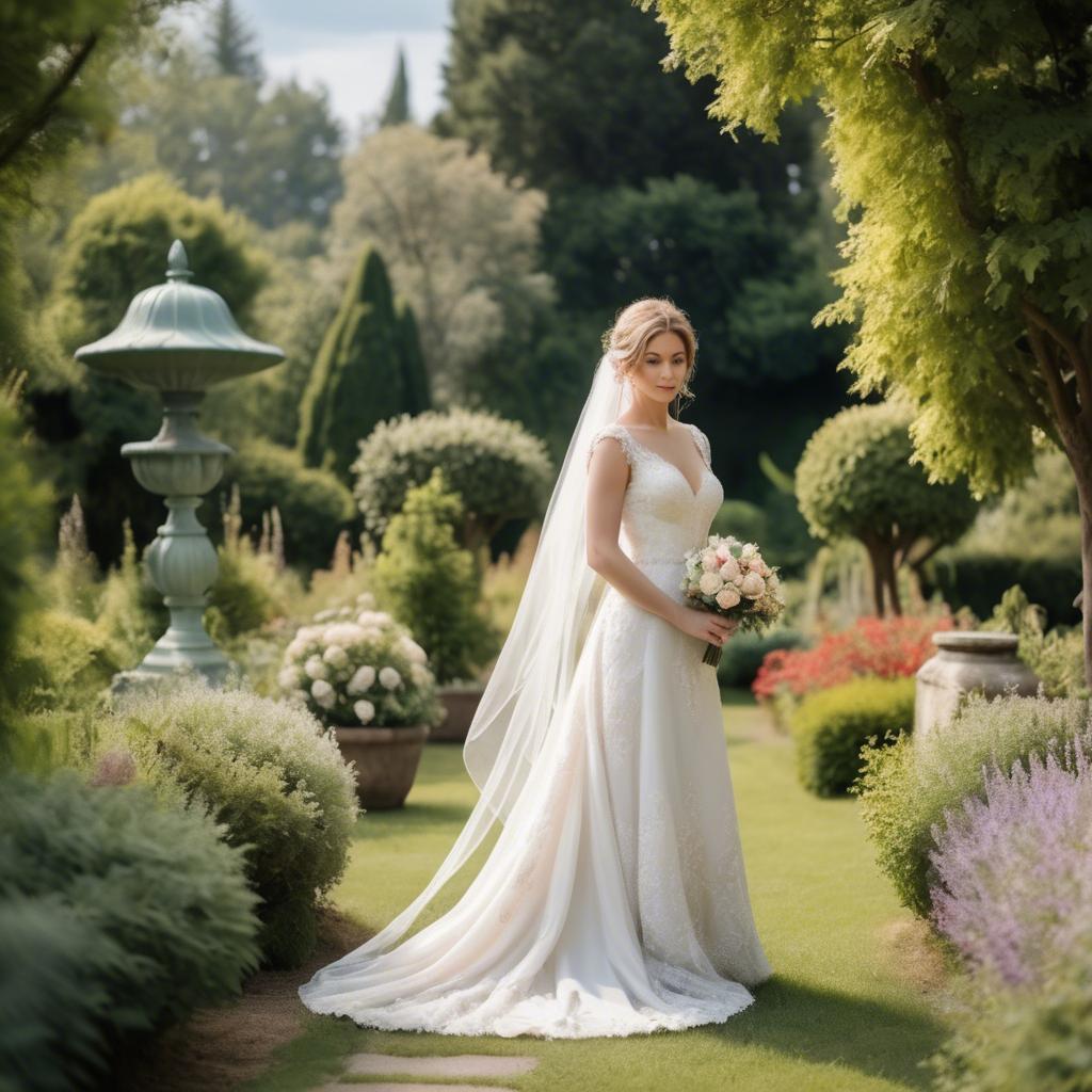 A stunning image of elegant bride in a picturesque garden.