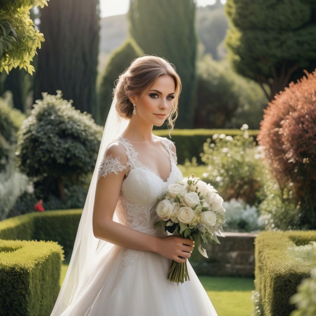 A stunning image of elegant bride in a picturesque garden.