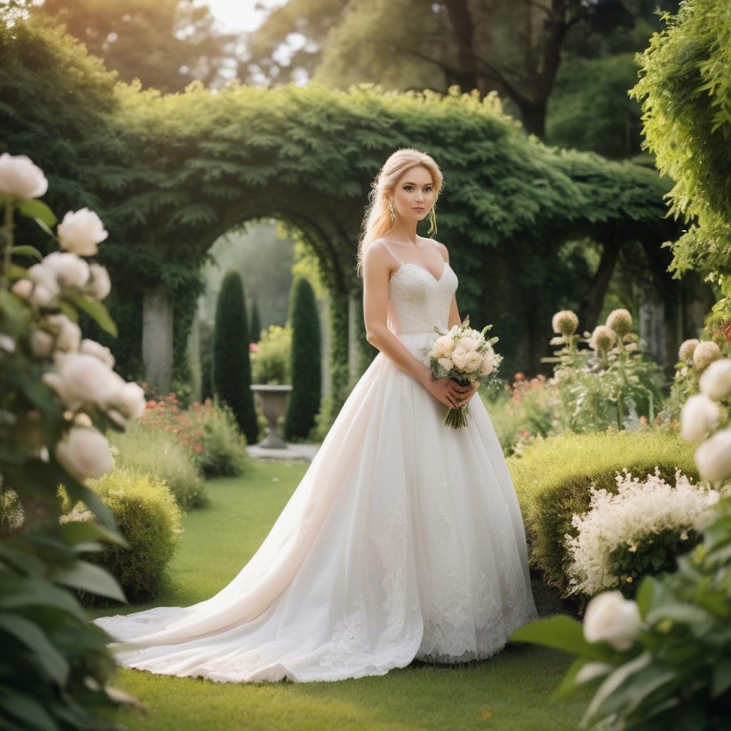 A stunning image of elegant bride in a picturesque garden.
