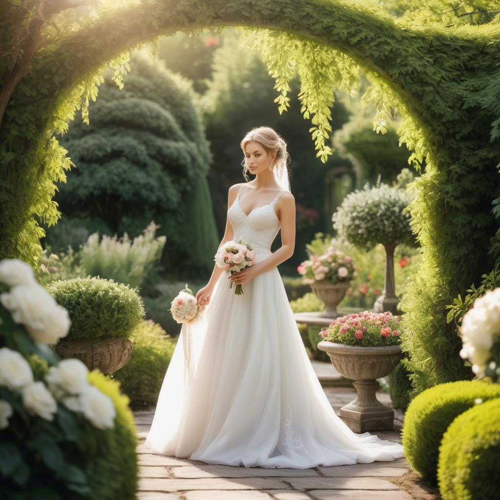 A stunning image of elegant bride in a picturesque garden.