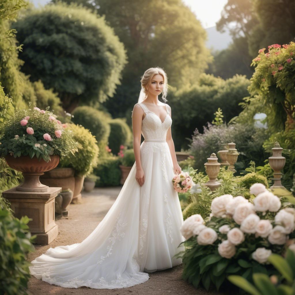 A stunning image of elegant bride in a picturesque garden.