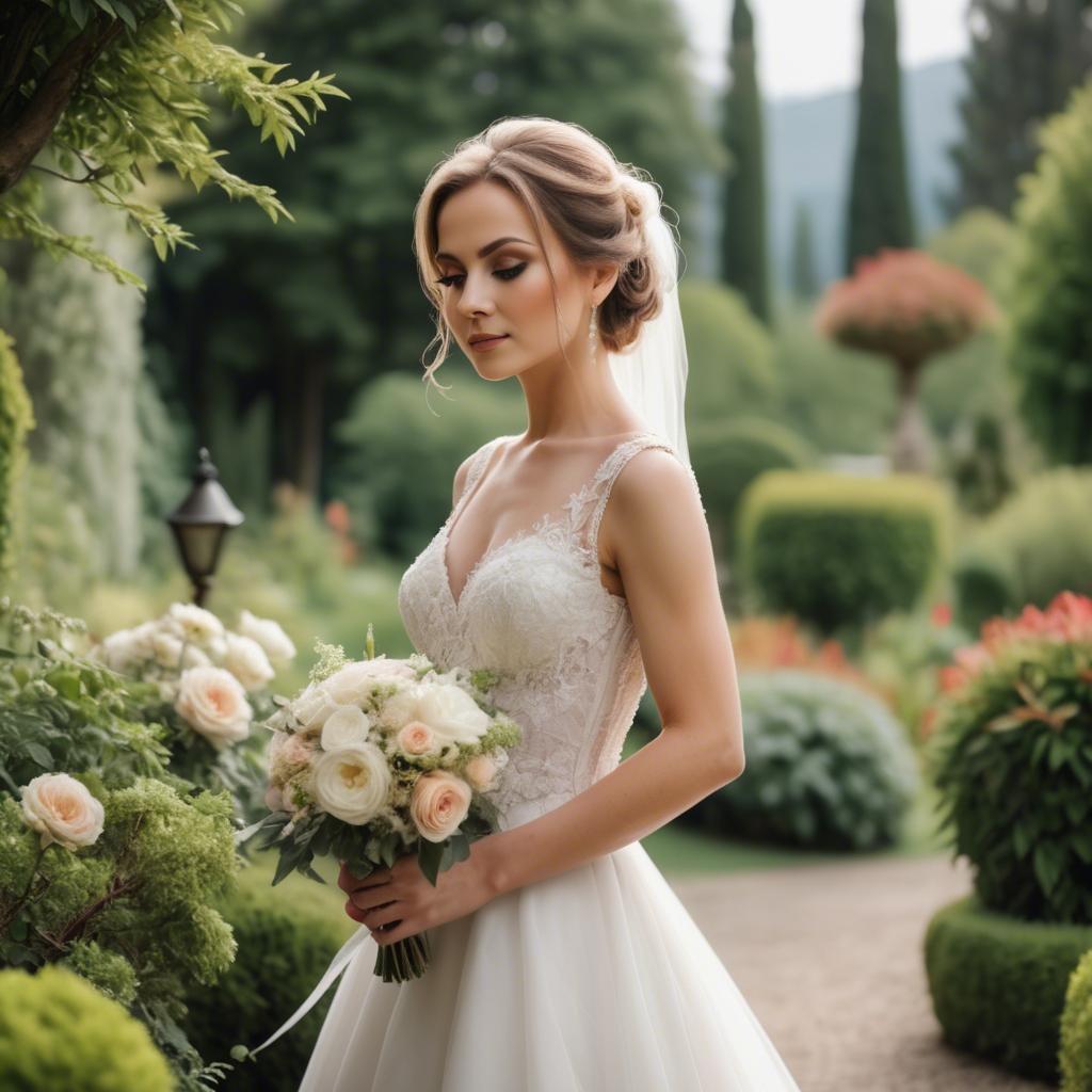 A stunning image of elegant bride in a picturesque garden.