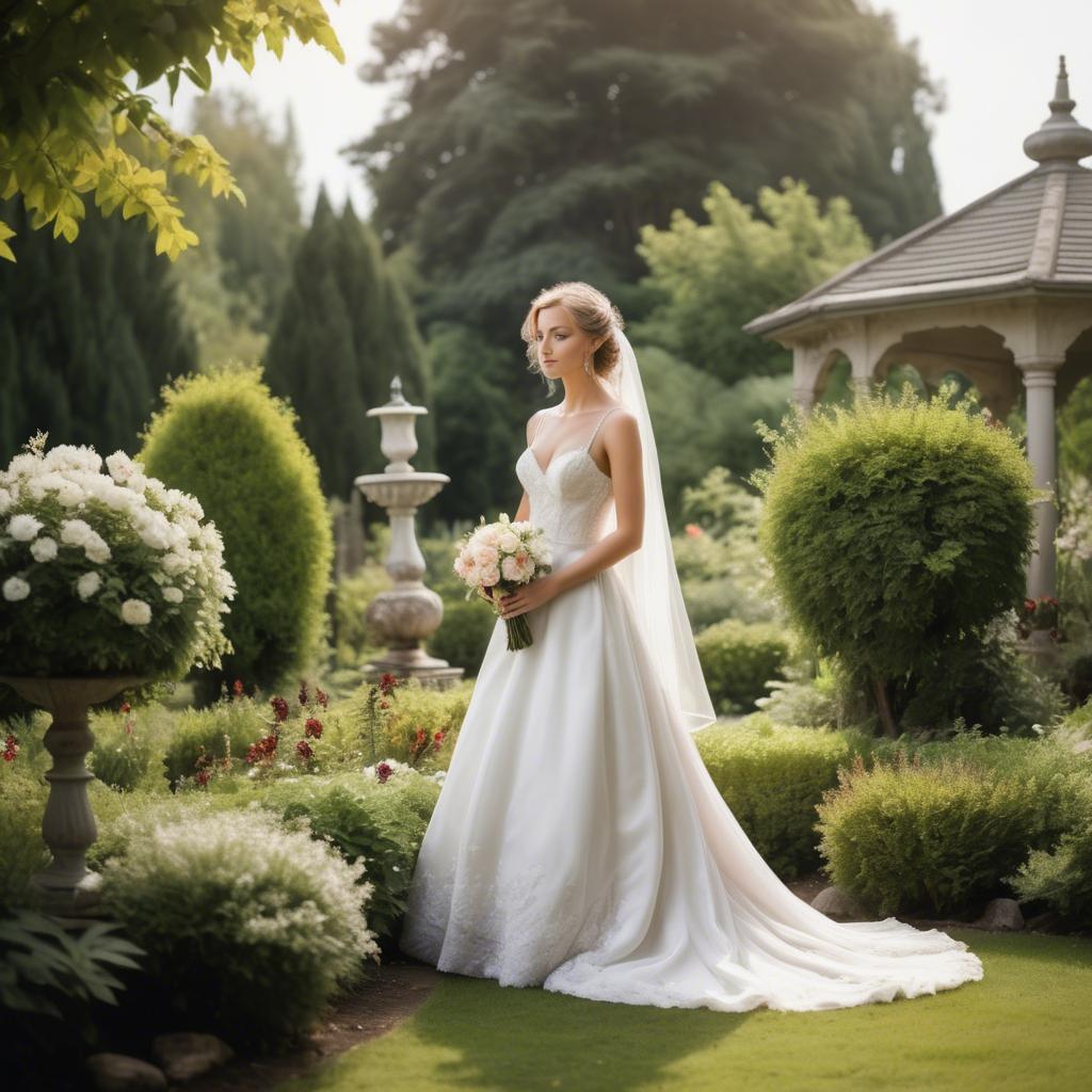 A stunning image of elegant bride in a picturesque garden.