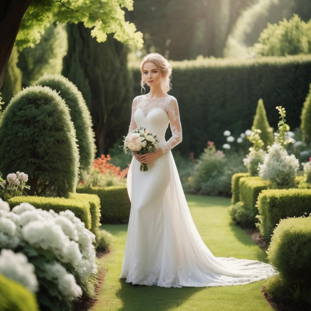 A stunning image of elegant bride in a picturesque garden.