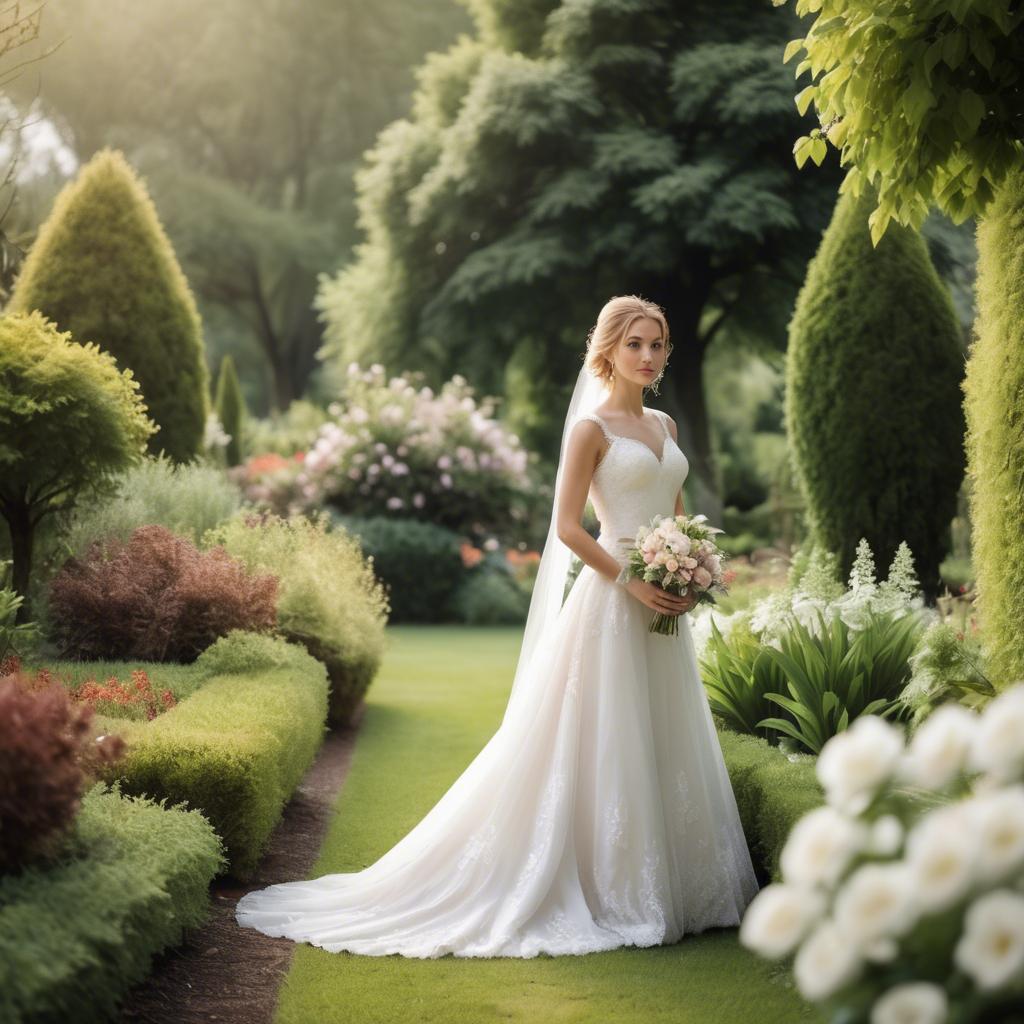 A stunning image of elegant bride in a picturesque garden.