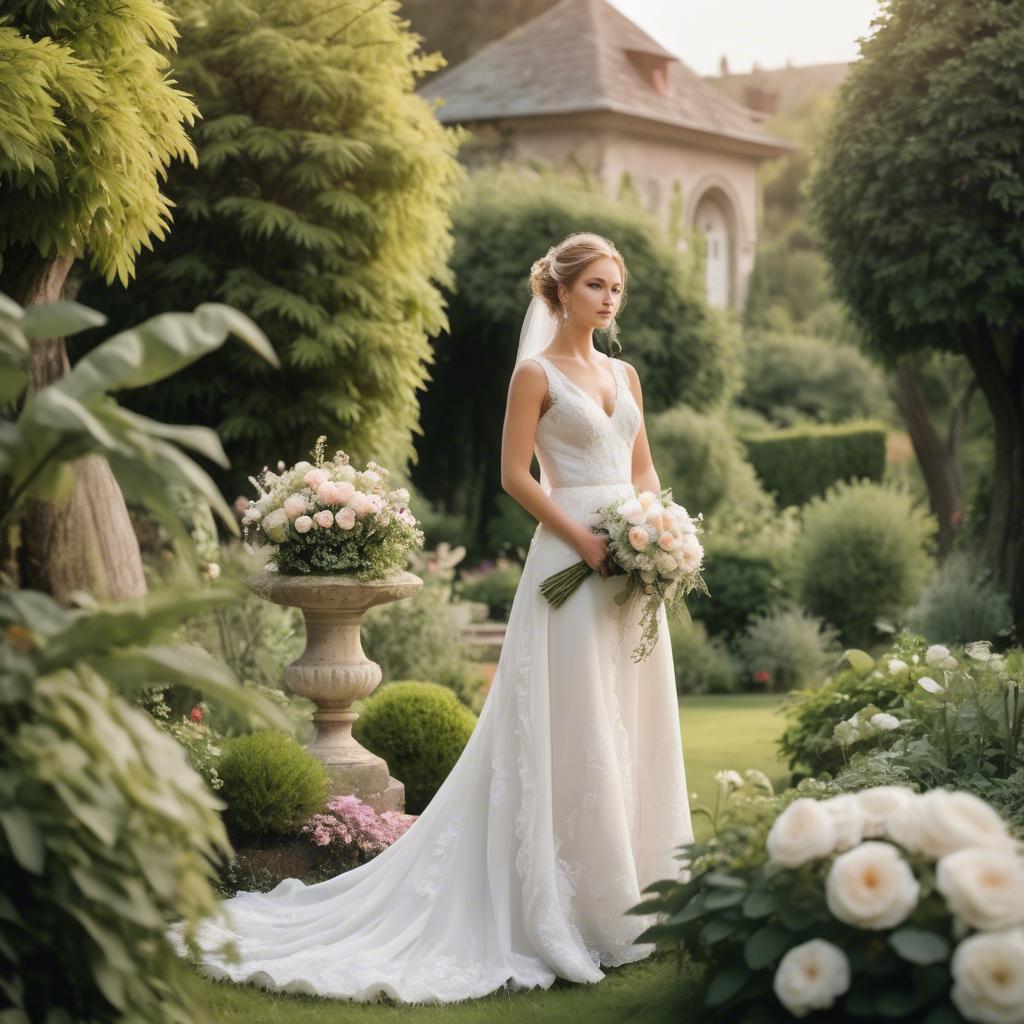A stunning image of elegant bride in a picturesque garden.