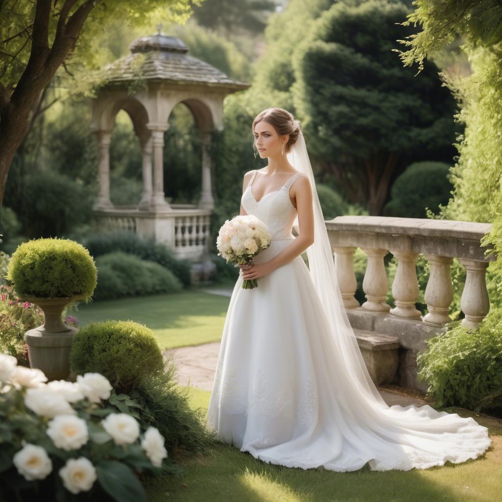 A stunning image of elegant bride in a picturesque garden.