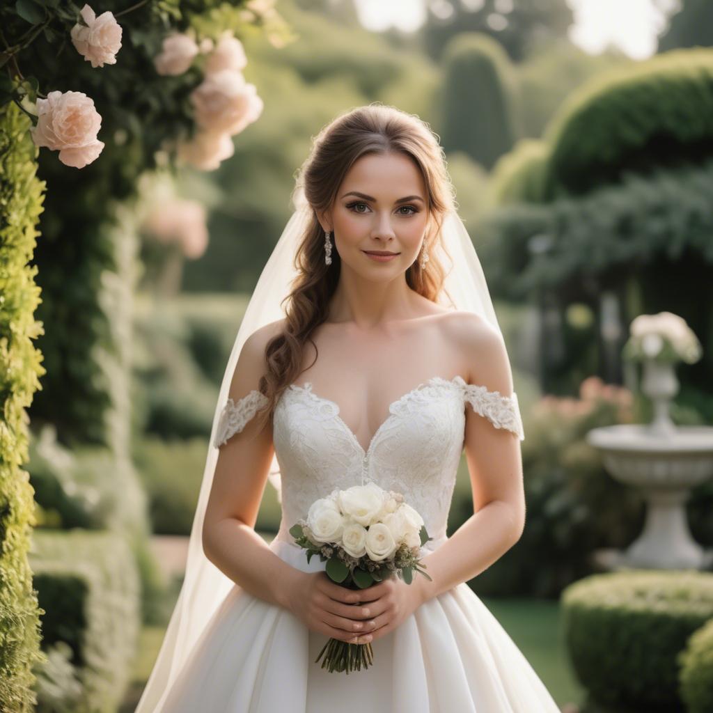 A stunning image of elegant bride in a picturesque garden.