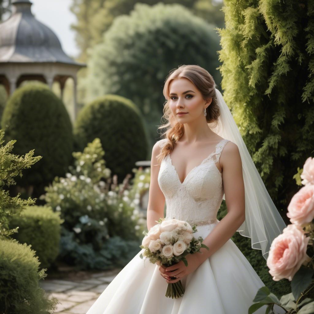 A stunning image of elegant bride in a picturesque garden.