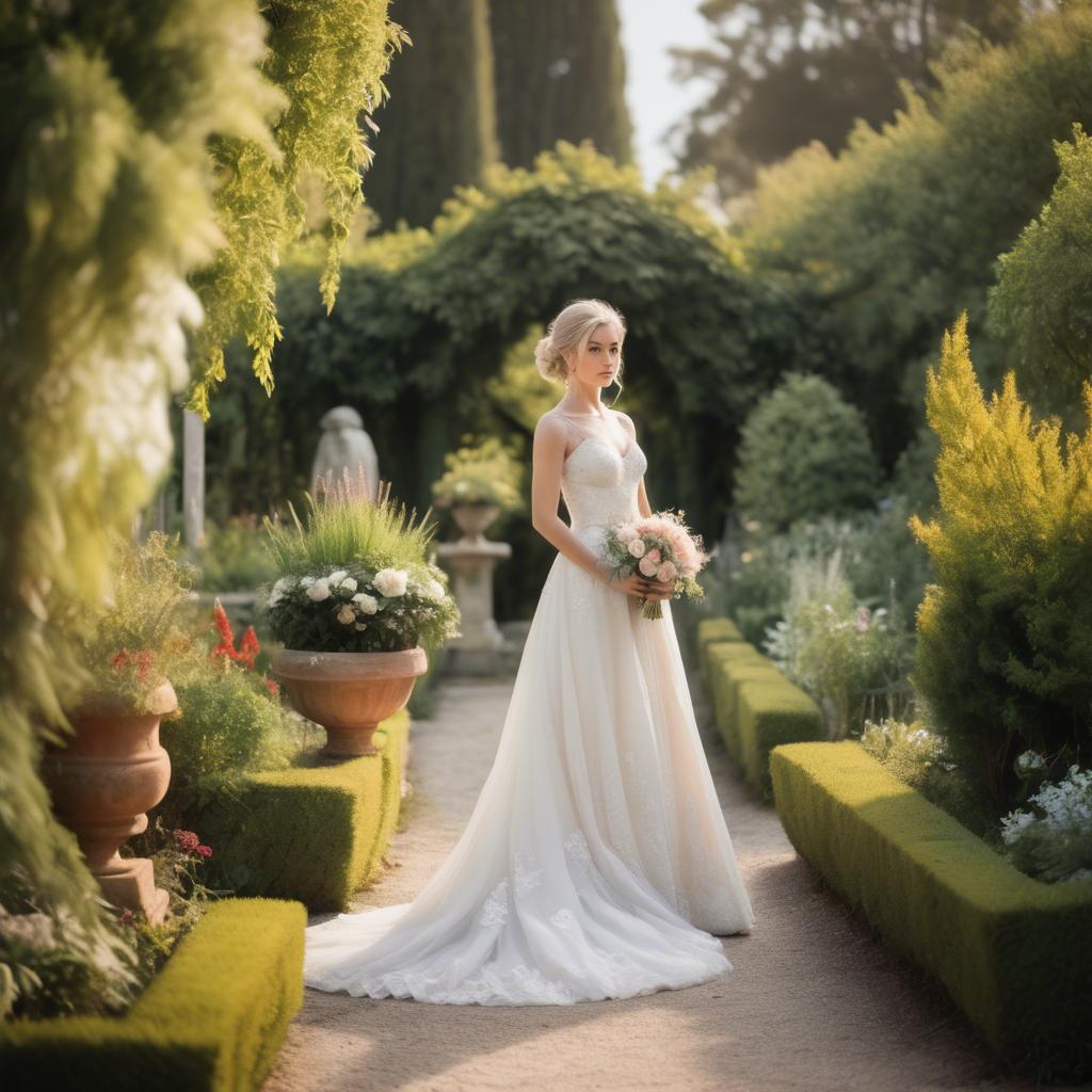 A stunning image of elegant bride in a picturesque garden.