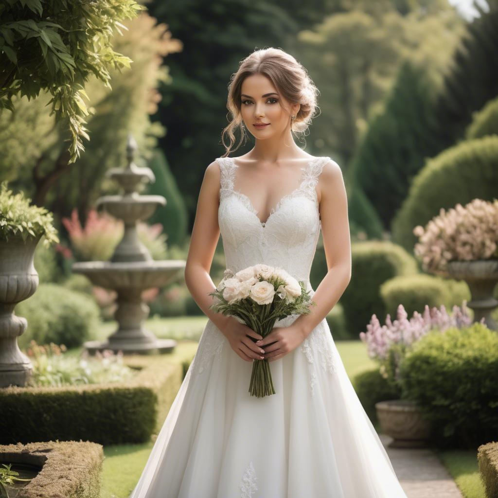 A stunning image of elegant bride in a picturesque garden.