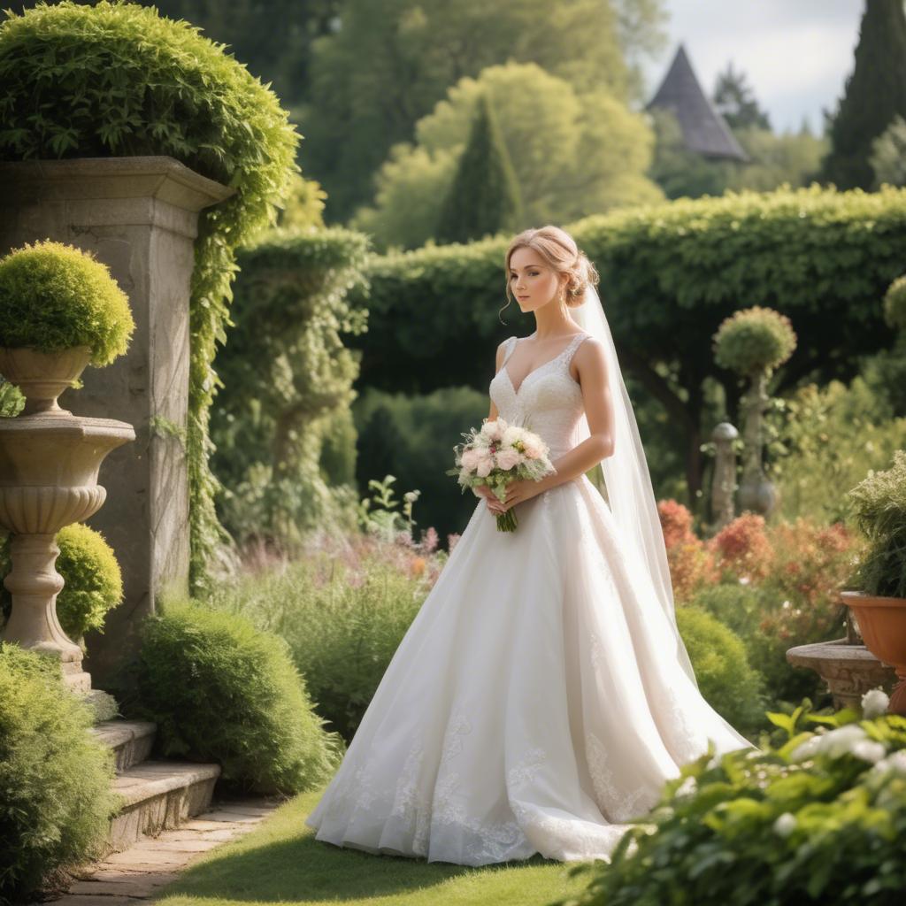 A stunning image of elegant bride in a picturesque garden.