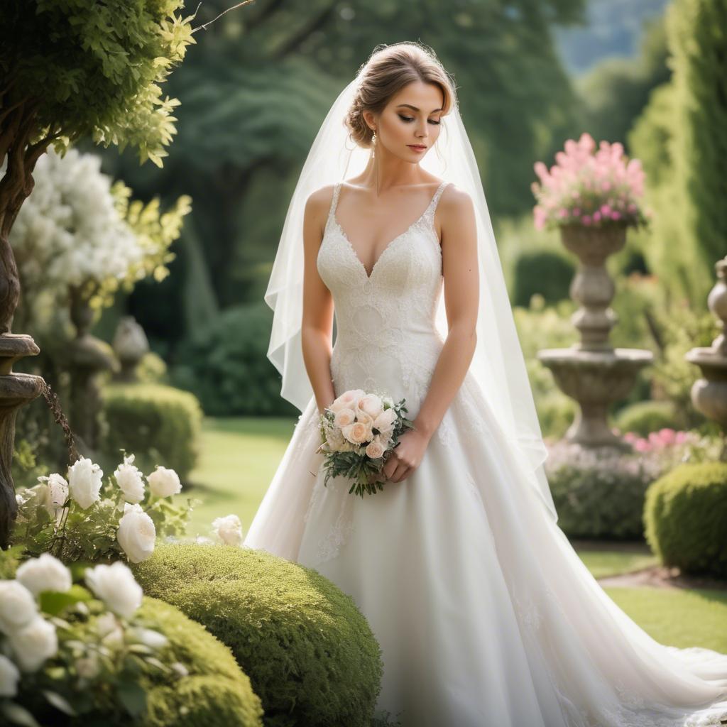 A stunning image of elegant bride in a picturesque garden.