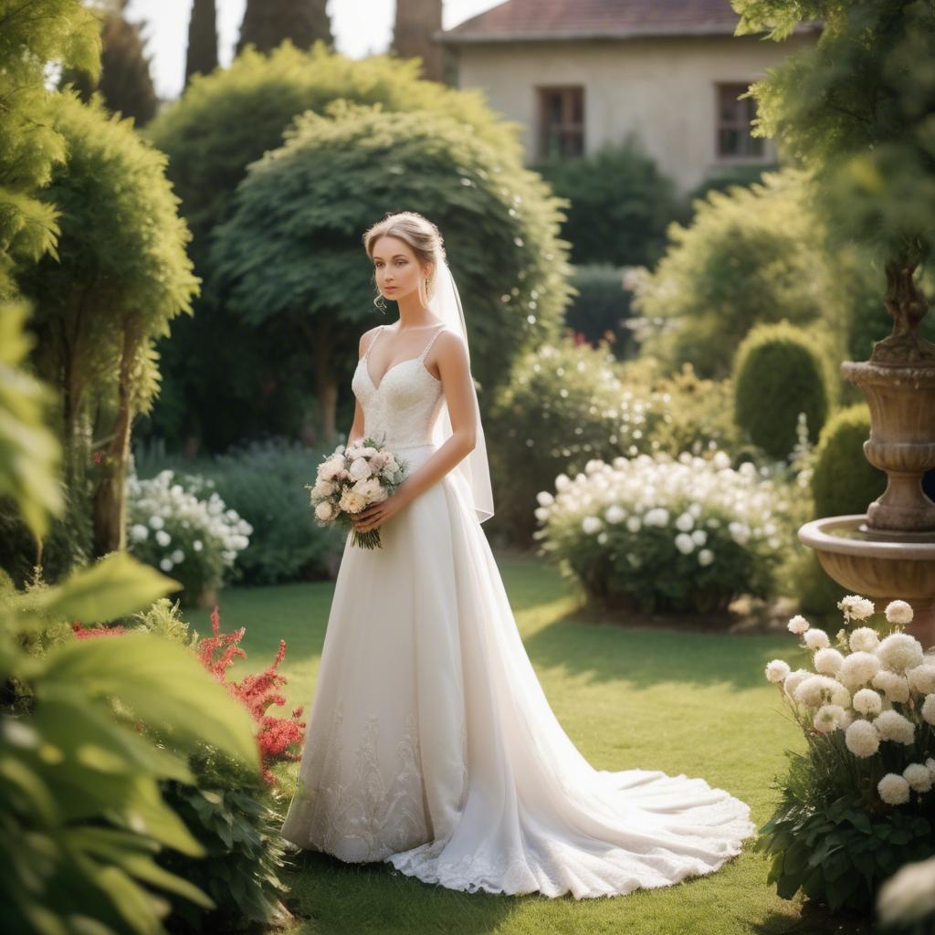A stunning image of elegant bride in a picturesque garden.