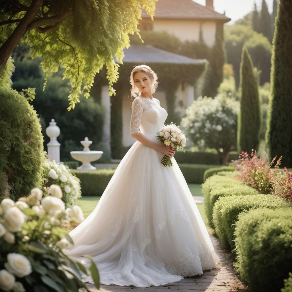 A stunning image of elegant bride in a picturesque garden.