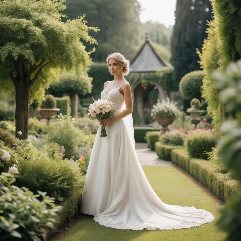 A stunning image of elegant bride in a picturesque garden.