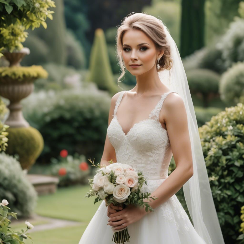 A stunning image of elegant bride in a picturesque garden.