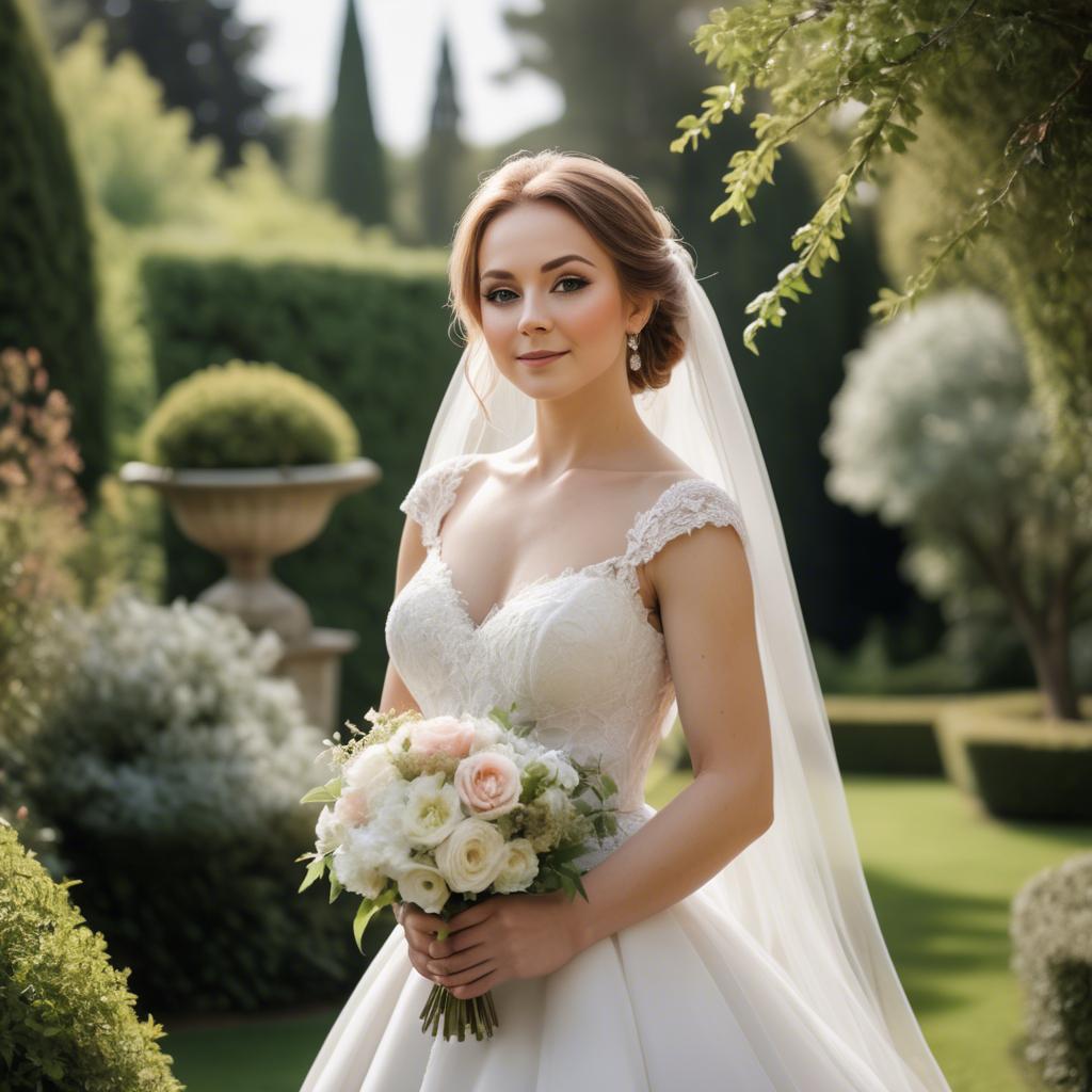 A stunning image of elegant bride in a picturesque garden.