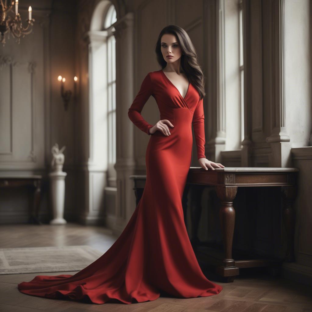 A stunning image of elegant brunette in a long red gown.