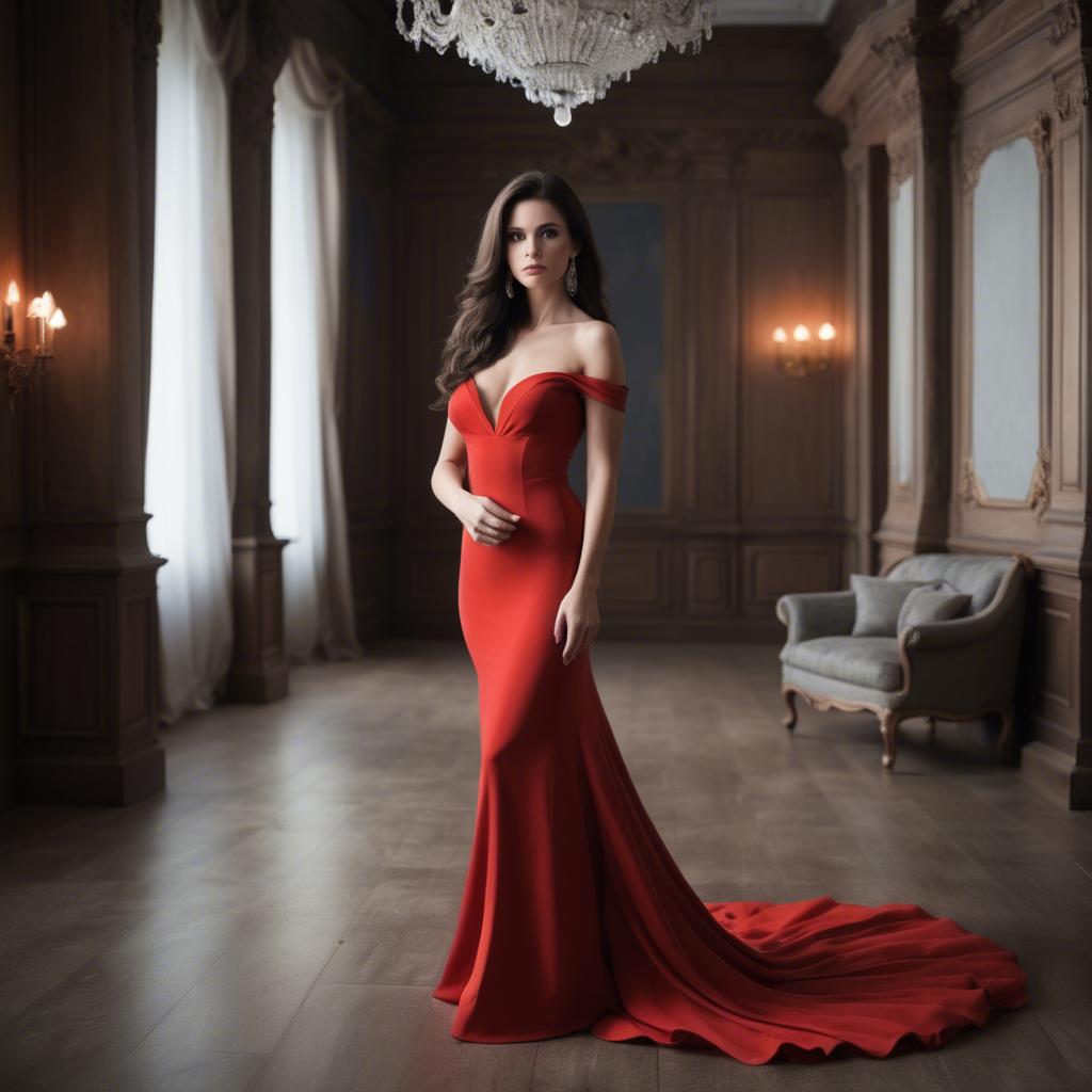 A stunning image of elegant brunette in a long red gown.