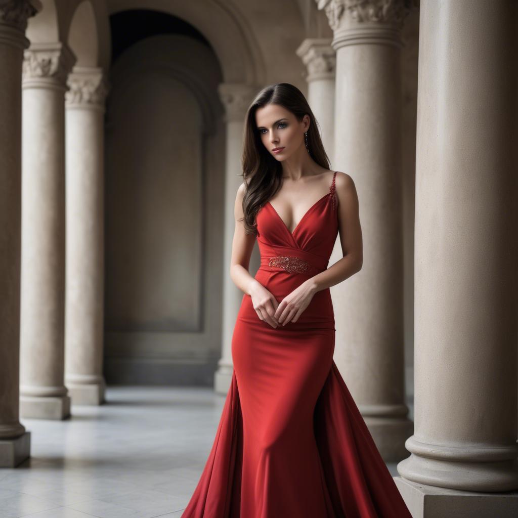 A stunning image of elegant brunette in a long red gown.