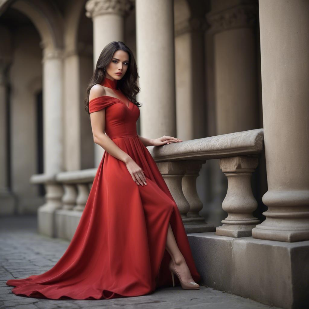 A stunning image of elegant brunette in a long red gown.