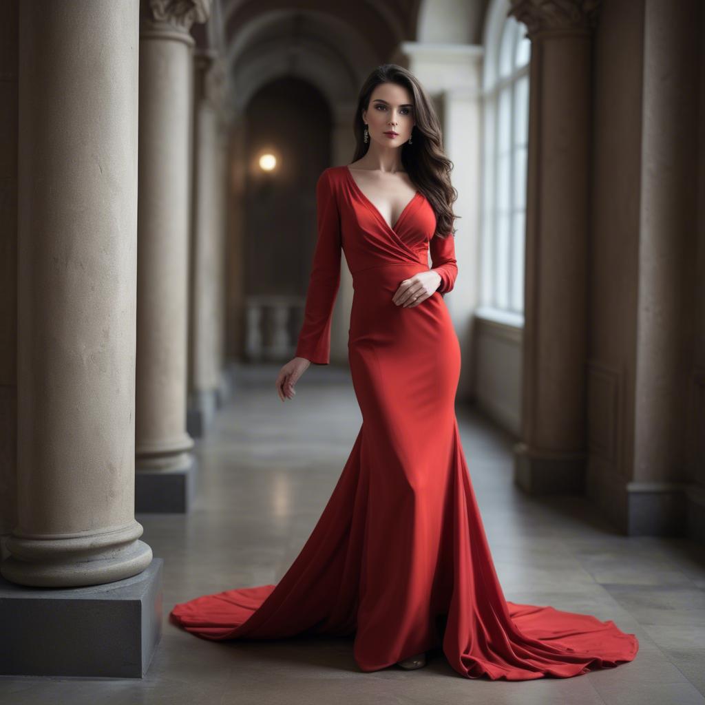 A stunning image of elegant brunette in a long red gown.