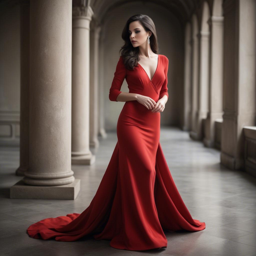 A stunning image of elegant brunette in a long red gown.