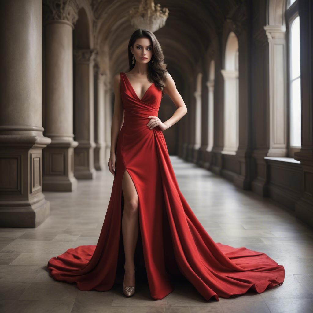 A stunning image of elegant brunette in a long red gown.