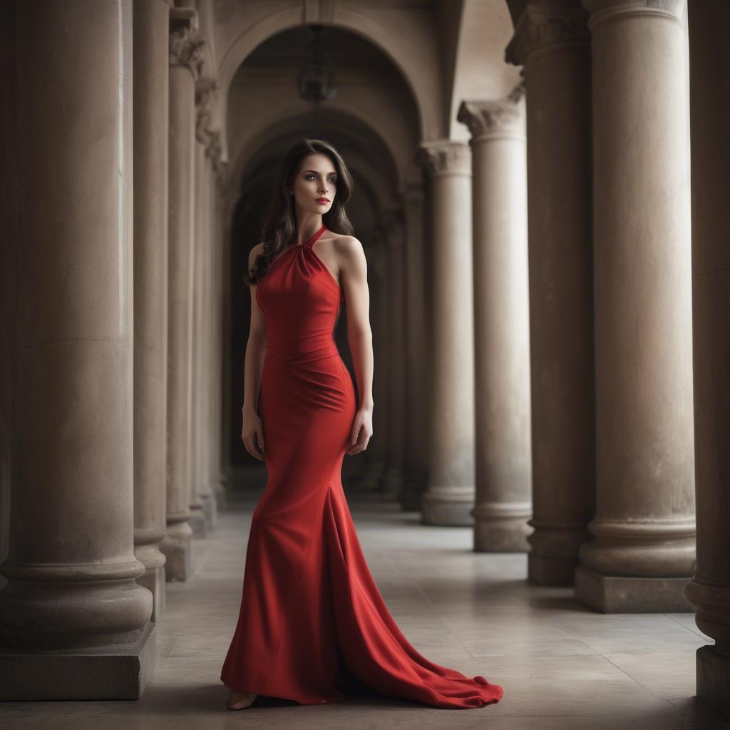 A stunning image of elegant brunette in a long red gown.