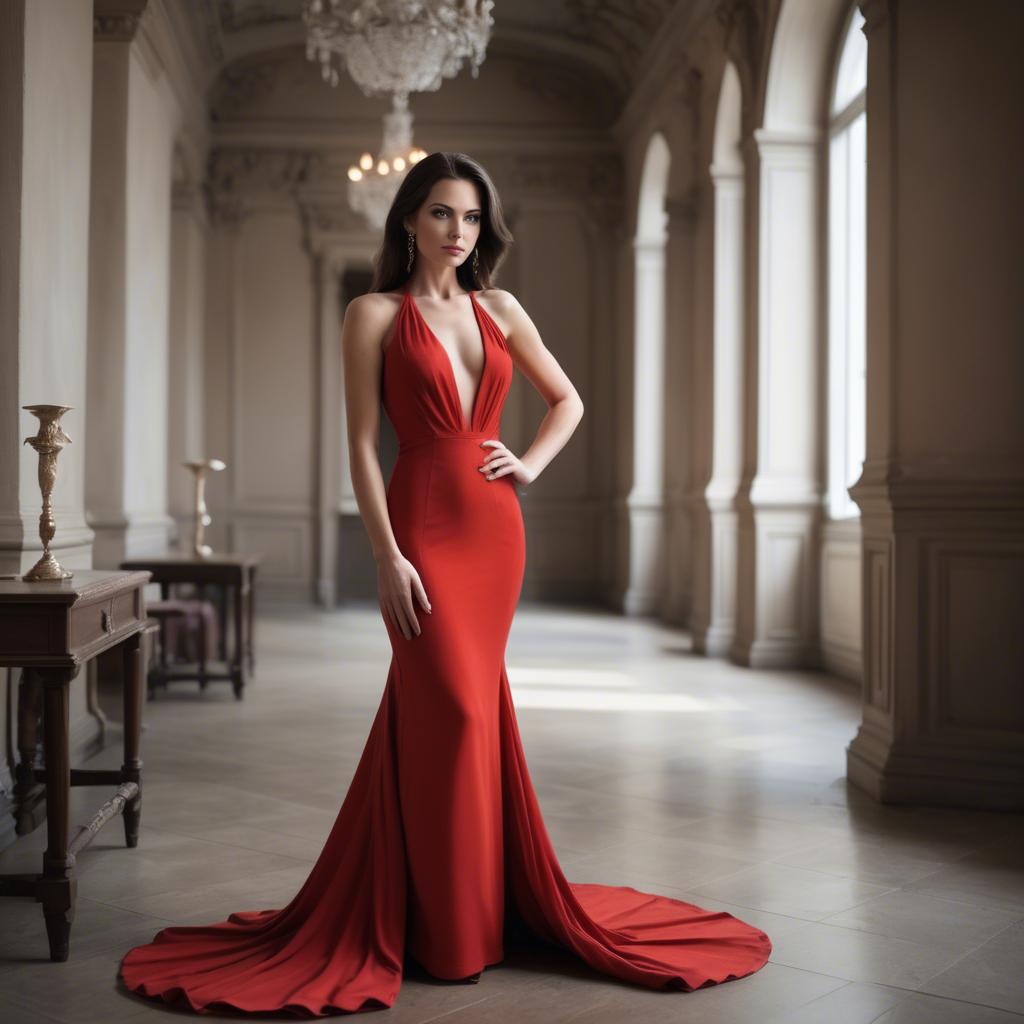 A stunning image of elegant brunette in a long red gown.