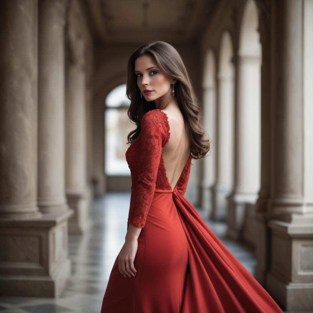 A stunning image of elegant brunette in a long red gown.