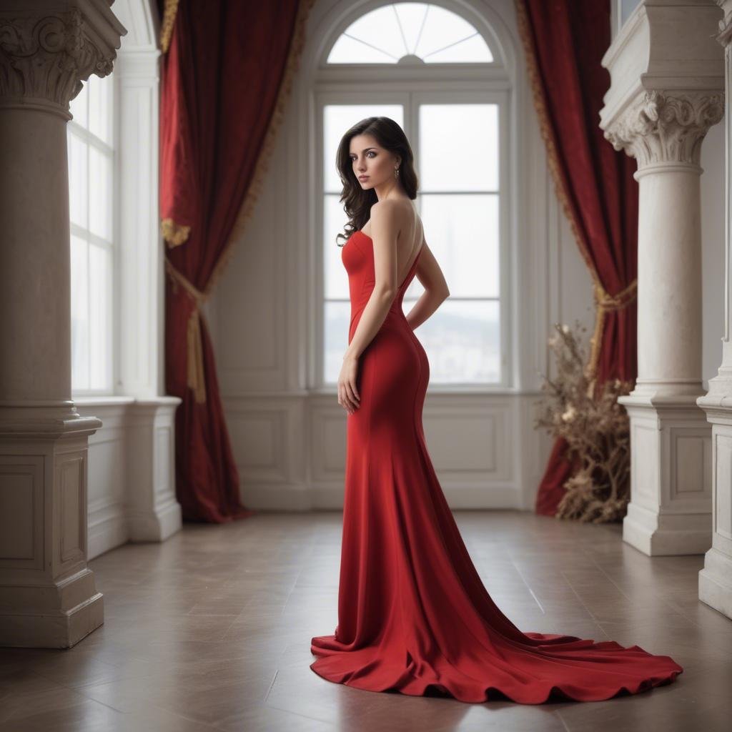 A stunning image of elegant brunette in a long red gown.