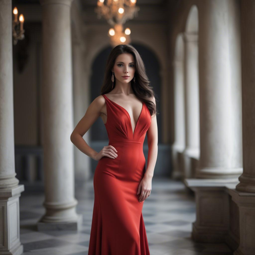 A stunning image of elegant brunette in a long red gown.