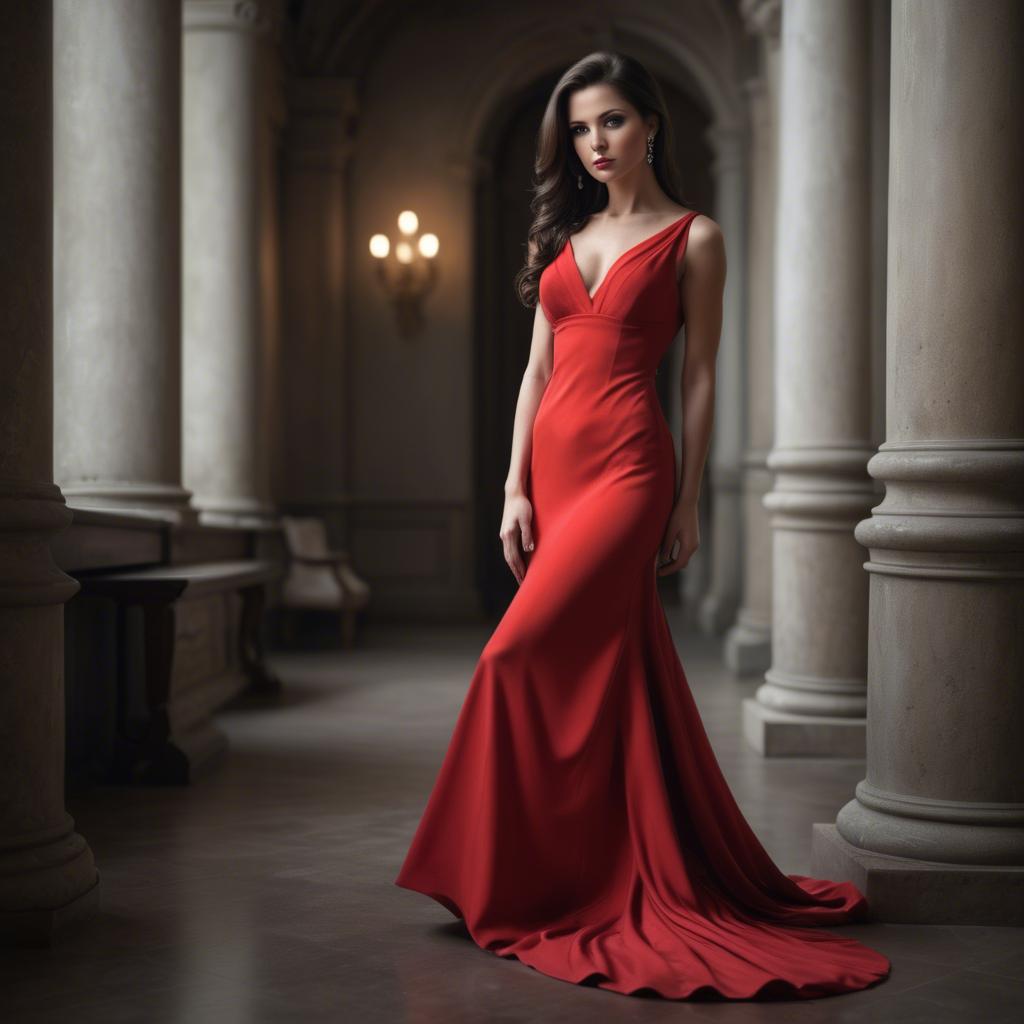 A stunning image of elegant brunette in a long red gown.