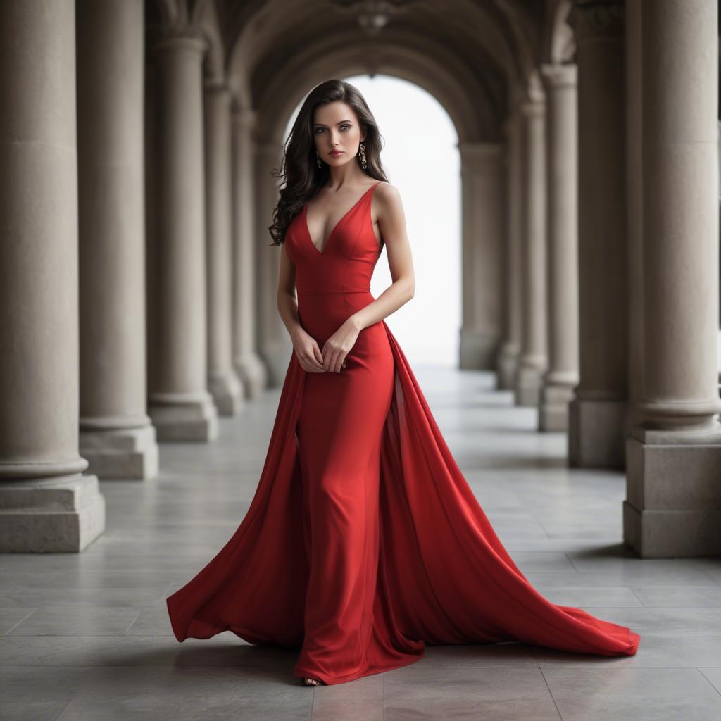 A stunning image of elegant brunette in a long red gown.