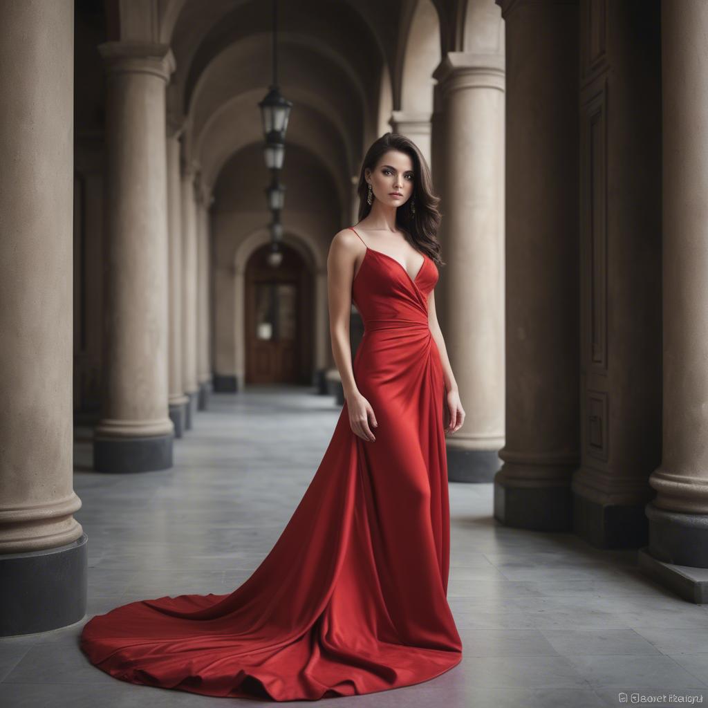 A stunning image of elegant brunette in a long red gown.
