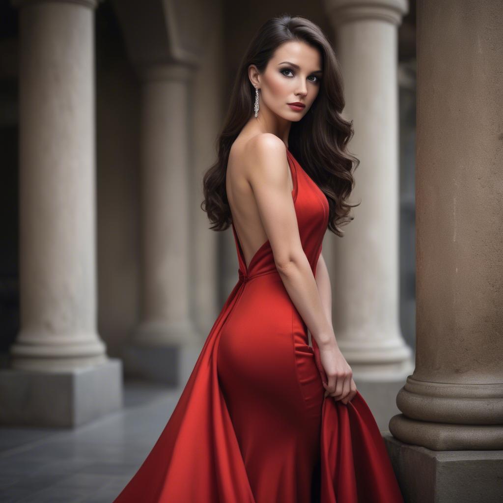 A stunning image of elegant brunette in a long red gown.