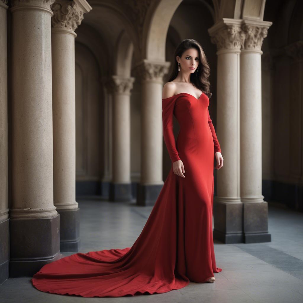 A stunning image of elegant brunette in a long red gown.