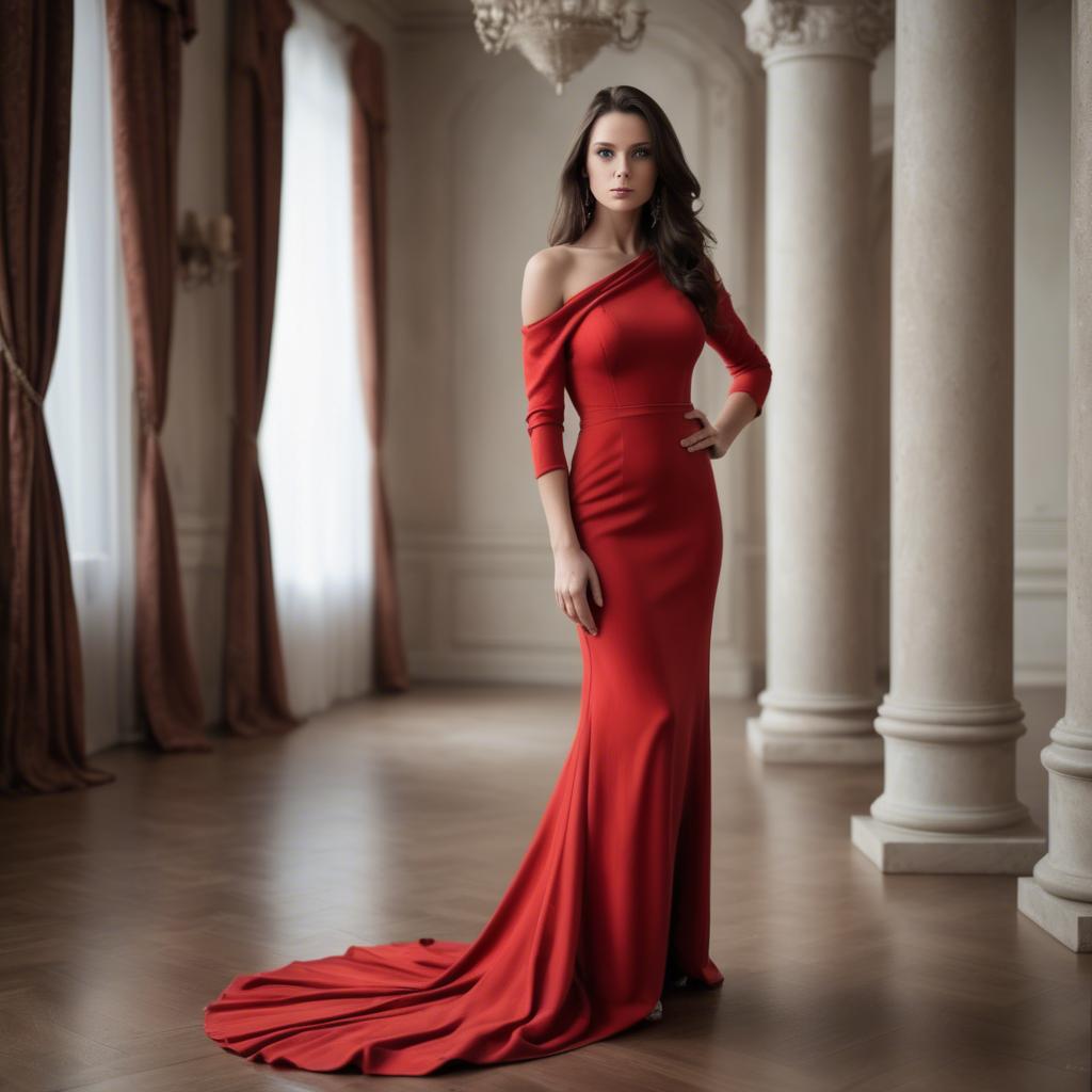 A stunning image of elegant brunette in a long red gown.